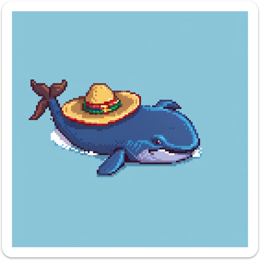 A blue whale with a colorful sombrero hat on its head, swimming in water sticker