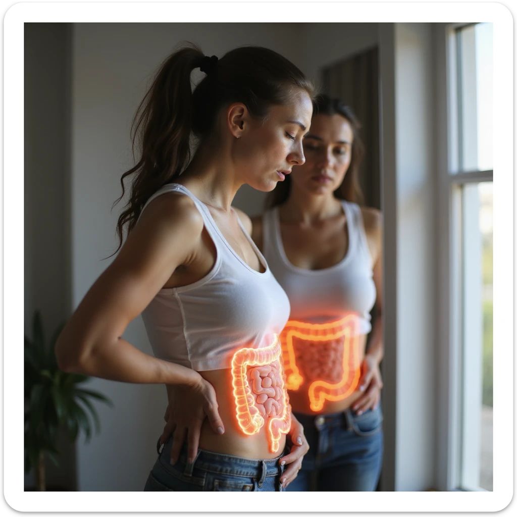 adult woman, photorealistic, intestinal problems, standing in front of mirror, intestine illustrated in transparency on abdomen, discomfort expression, natural light, bathroom background sticker