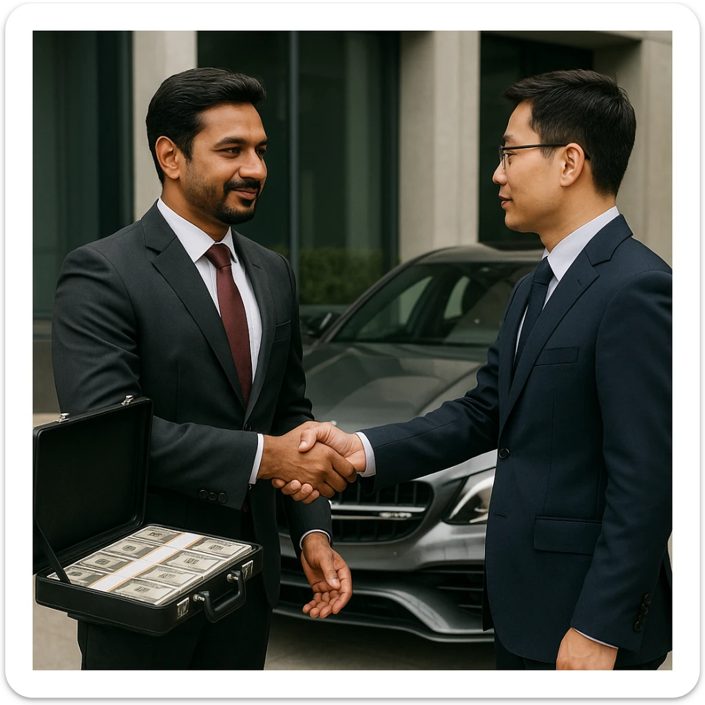 A business deal scene: a light-skinned Indian man with a goatee and a Chinese man shaking hands, the Indian man offers a briefcase of money, an AMG car is parked behind him. sticker