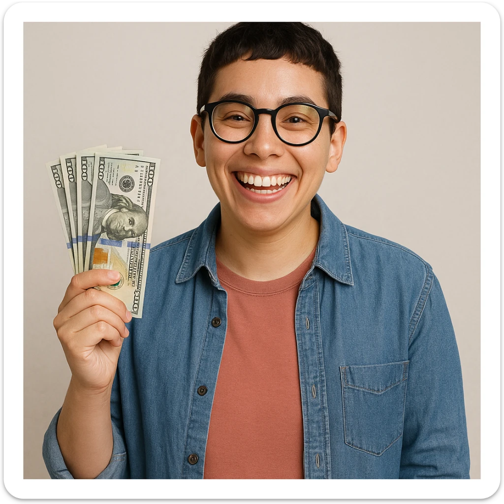 A cheerful, nerdy agender person, androgynous, with glasses and a big smile, holding money in one hand, casual outfit. sticker