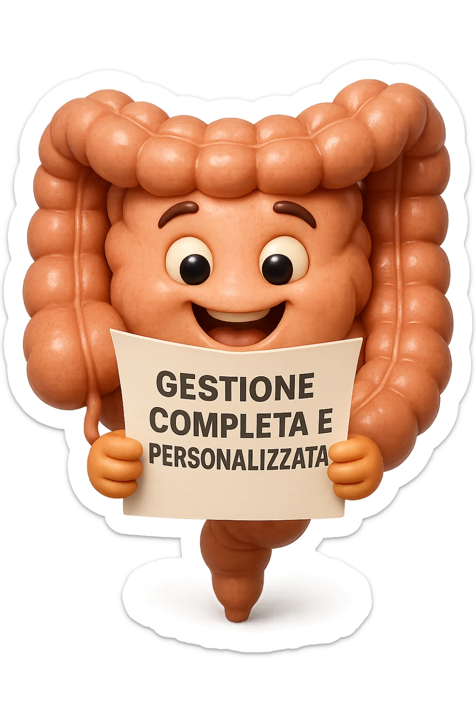 emoji stile iphone di un intestino umano anatomico ED ESPRESSIONE FELICE MENTRE LEGGE con foglio in mano con la scritta "GESTIONE COMPLETA E PERSONALIZZATA"
IPERREALISTICO 4K sticker