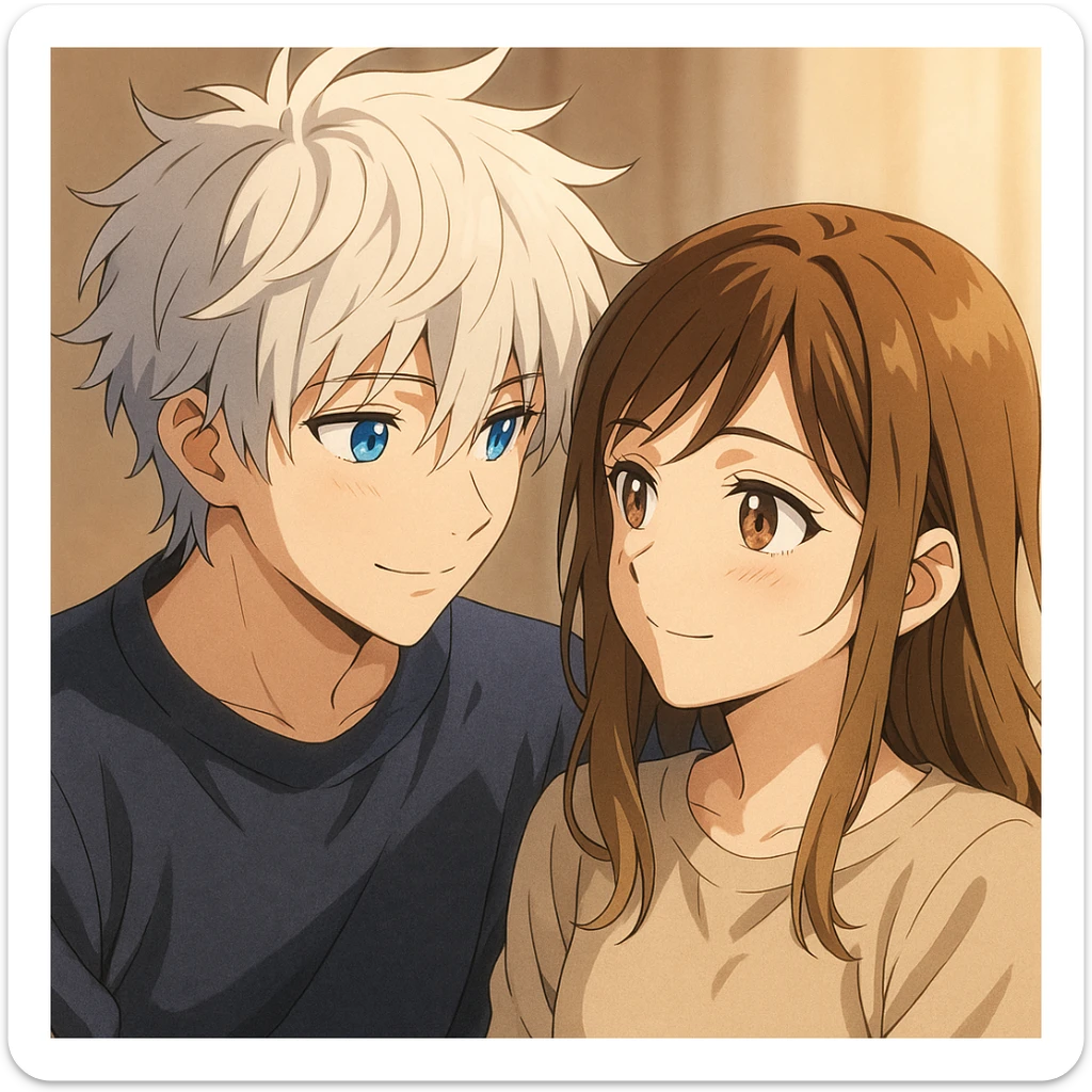 anime style, a boy with tousled white hair and striking blue eyes gazing affectionately at a girl with brunette-blonde hair and warm brown eyes sticker