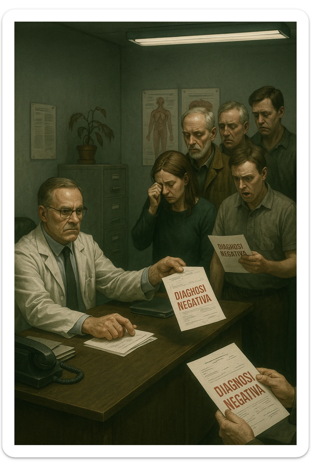A realistic, cinematic illustration set in a dull, grey-toned medical office. A middle-aged male doctor in a white coat with a stern, cold expression is seated at his desk, handing out medical reports with large red ‘Negative Diagnosis’ stamps to each patient in line. The patients, of various ages and appearances, stand in a line, each looking increasingly sad, defeated, and demoralized as they receive their papers, with slumped shoulders and empty gazes. One young woman wipes away a tear, while a man stares at the paper in shock. The background shows medical posters, a faded plant, and harsh fluorescent lighting, emphasizing the cold, mechanical environment. The mood is heavy, illustrating how negative diagnoses delivered without empatia can deeply affect the mental health and morale of patients. The style is realistic, with subtle filmic grain, emphasizing emotional impact and the weight of medical words on people’s lives.in italiano sticker
