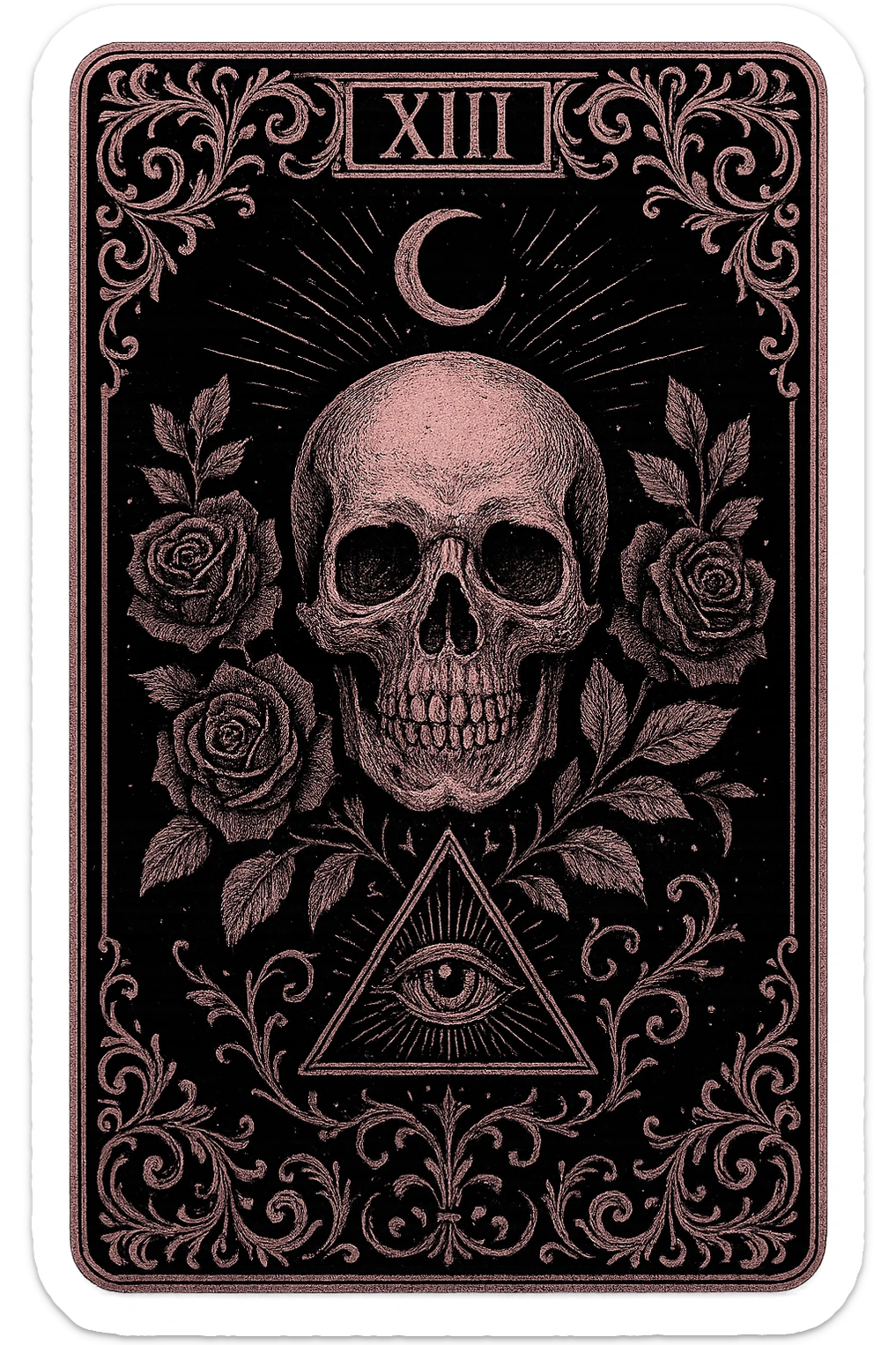gothic tarot card, pink and silver, mysterious and detailed, no background sticker