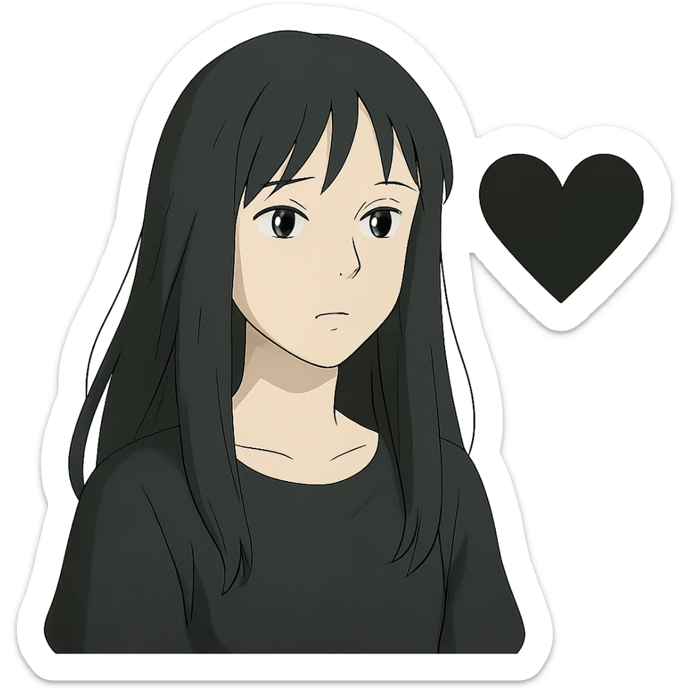 ghibli style pale girl with long black hair and a black heart sticker