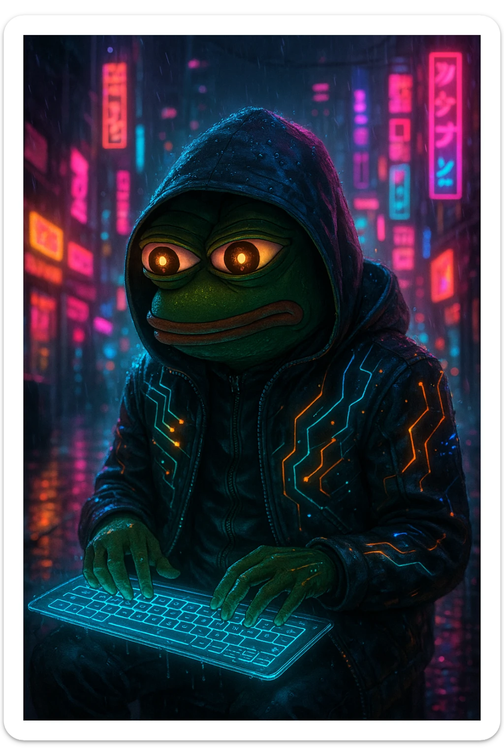 Pepe the Frog as a cyberpunk hacker, neon lights, futuristic city sticker