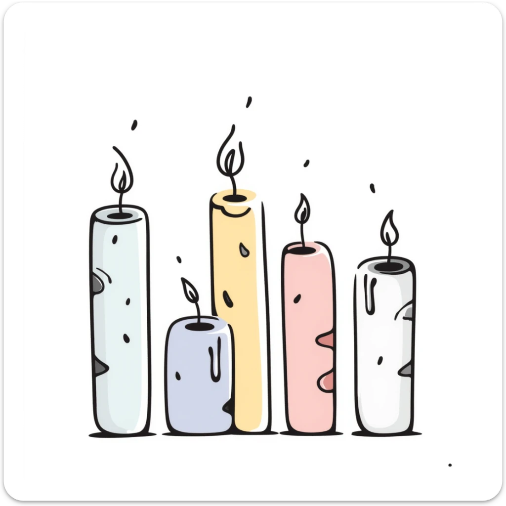 a group of candles of different heights, some lit with gentle flames, in pastel colors dd9fb0 ffc6d3 a3bfc9 c4bee2 f1b091, detailed hand-drawn doodle style sticker