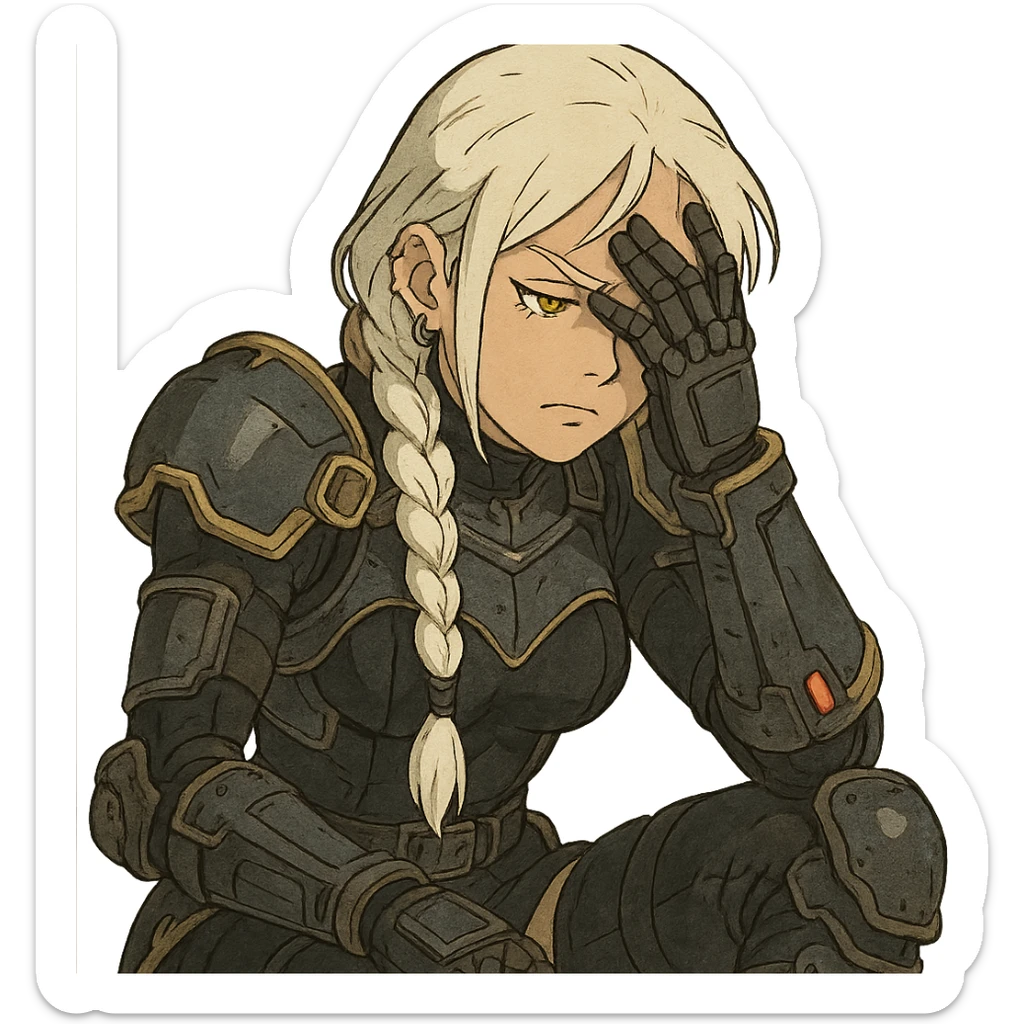  she is wearing armor, maximum power , facepalm smh, a closeup portrait of young woman with gold yellow eyes, white hair, long braid, black off-shoulder top d-cup, punk gothic style, futuristic cyberwave cyberpunk, sitting position sticker