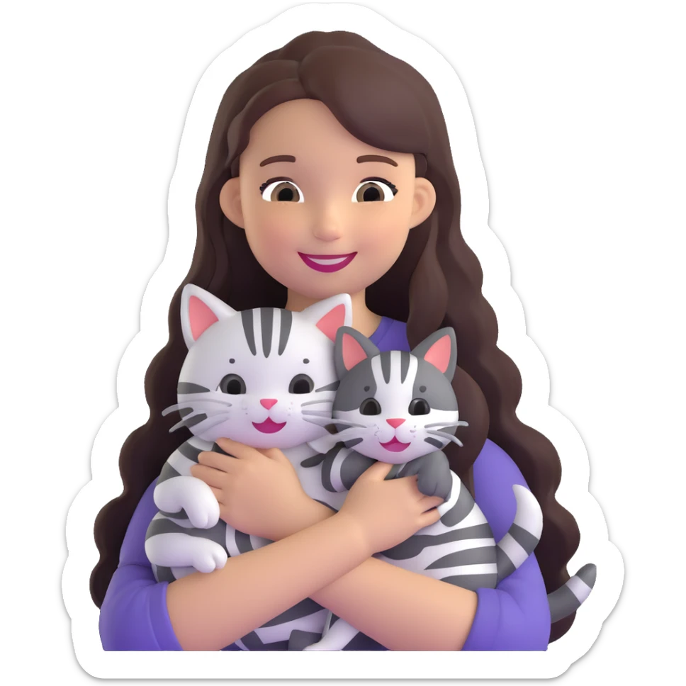 smiling girl with long hair holding a cat with silver stripes sticker