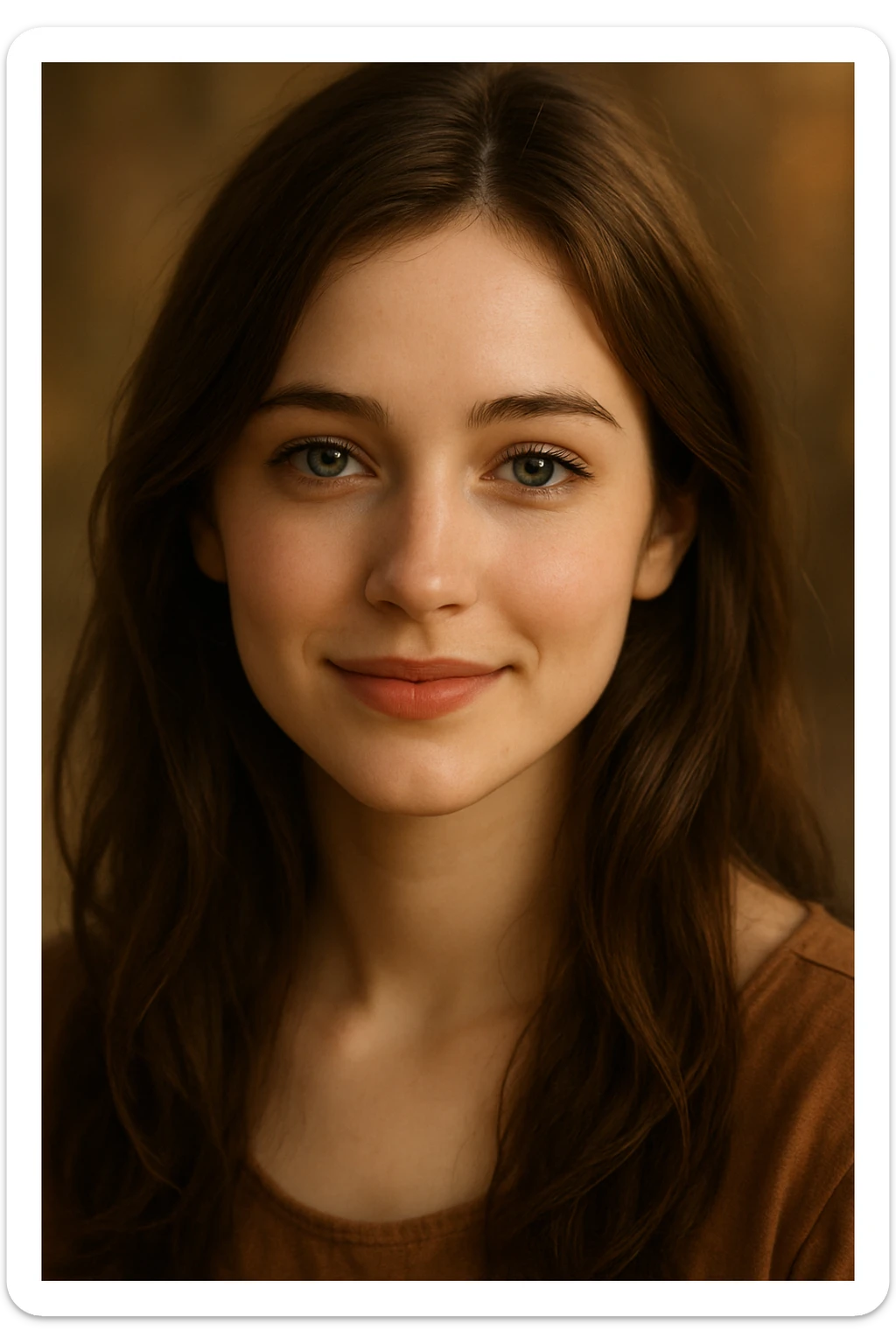 a beautiful and sweet brunette girl with blue eyes, soft features, gentle smile, inviting expression sticker