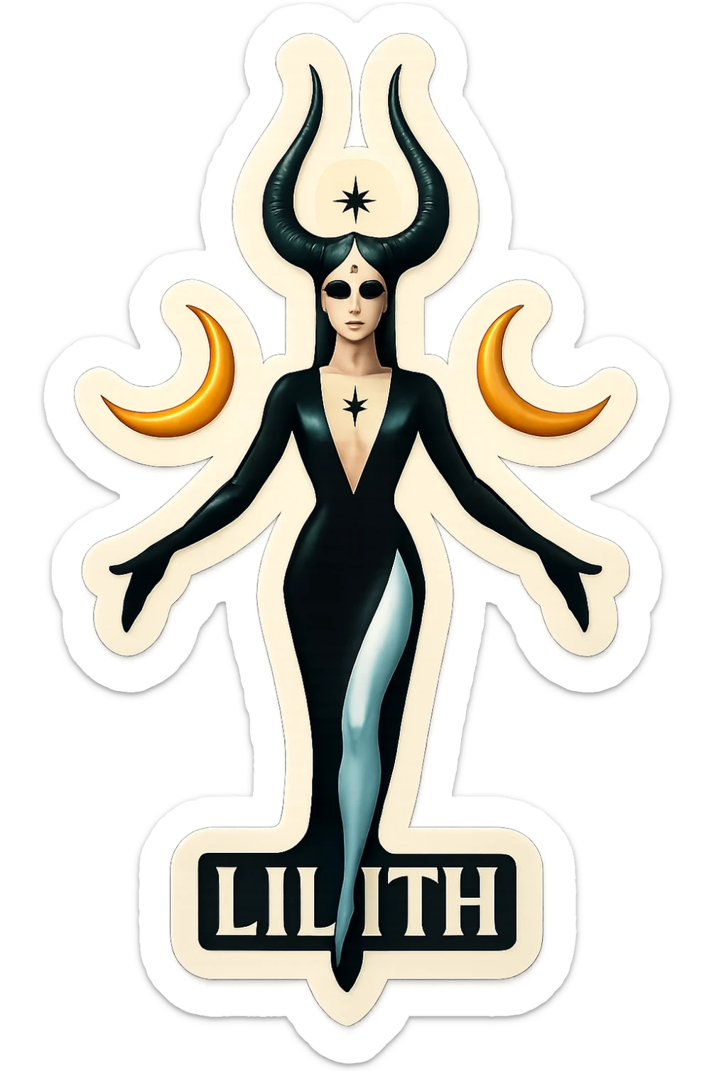Create a retro-stickers style female figure named Lilith with long horns, wearing a black suit, light skin tone, moon symbolism, minimalist graphic style, bright colors, and transparent background. The composition and pose should match the reference image. sticker