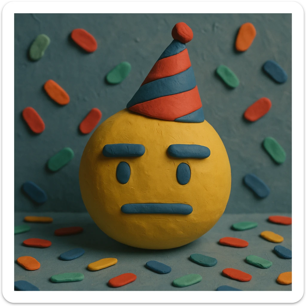 deadpan emoji with a straight mouth, wearing a party hat and surrounded by confetti, claymation style sticker