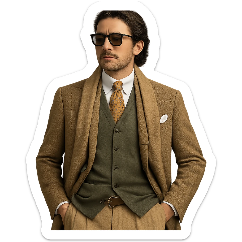 a wealthy gentleman in vintage preppy attire, sunglasses, medium-length black hair, old money style sticker