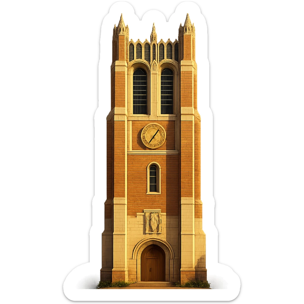cinematic, realistic emoji of Beaumont Tower at Michigan State University in East Lansing, Michigan, straight-on perspective, featuring its iconic Collegiate Gothic bell tower architecture, lifelike detail, bright regal lighting as on a sunny day, accurate building colors, transparent background, ensure it is the correct Beaumont Tower at MSU sticker