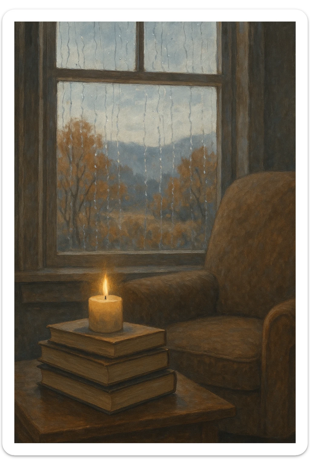 stack of books, a lit candle, and a cozy armchair by a window with rain streaks and autumn scenery in cool, muted colors sticker