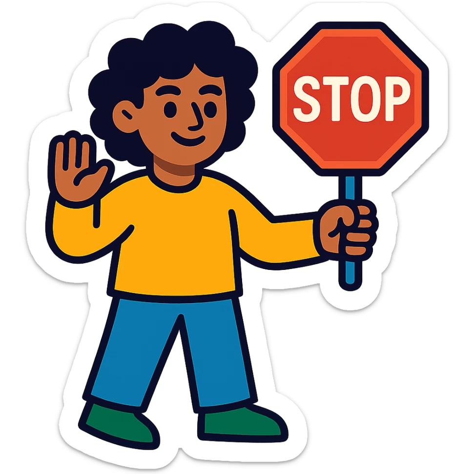 brunette person with curly hair holding a stop sign, vibrant toon style sticker