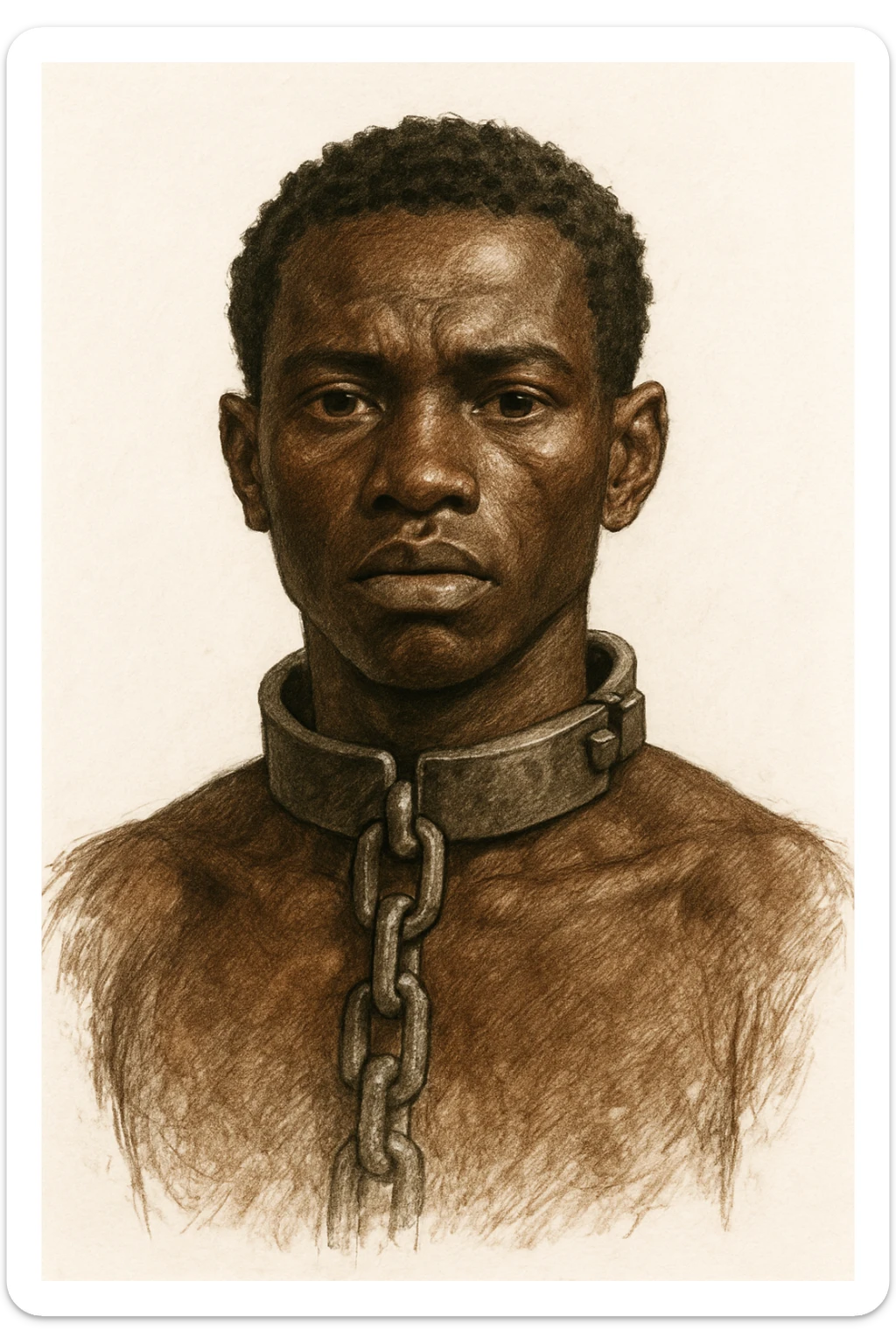 Сгенерируй мне в чуть рисованном стиле африканского раба, и на шее у него оковы с цепью, он смотрит четко прямо без эмоций. На белом фоне sticker