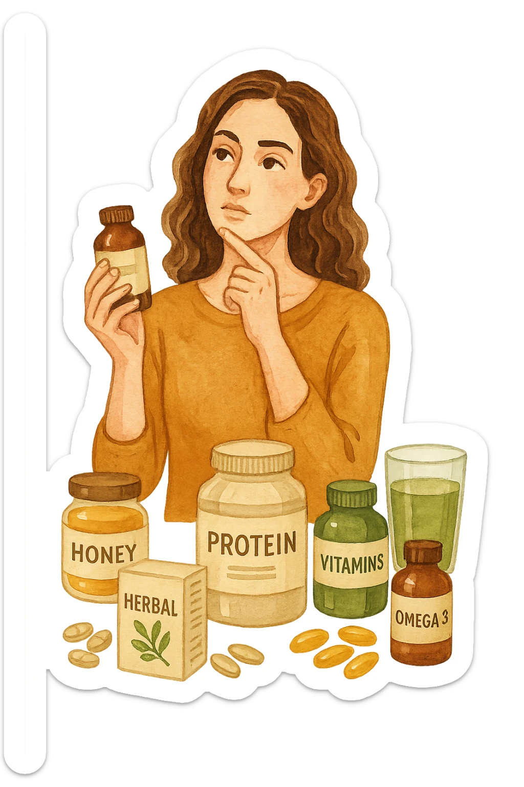 Donna che sta scegliendo integrazione per il suo benessere in italiano sticker