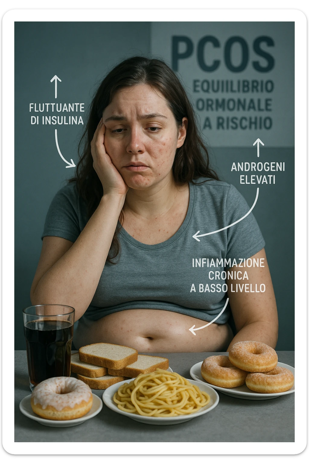 Donna tra i 25 e i 35 anni, seduta a tavola con un’espressione stanca e gonfia. Sul tavolo ci sono alimenti sbagliati per la sua condizione: dolci raffinati, pane bianco, pasta, bibite zuccherate. Intorno al suo corpo si vedono elementi simbolici che rappresentano gli effetti della PCOS peggiorata: insulina fluttuante, androgeni elevati, infiammazione bassa cronica. La sua pelle appare acneica, gonfiore addominale visibile, sguardo affaticato. Sullo sfondo, un cartello sfocato con scritto 'PCOS – equilibrio ormonale a rischio'. Stile realistico con elementi simbolici, toni freddi ma chiari sticker