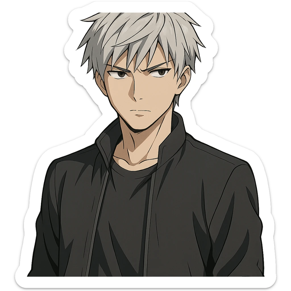 male anime character with silver hair, half-length, serious look, modern anime style, no background sticker