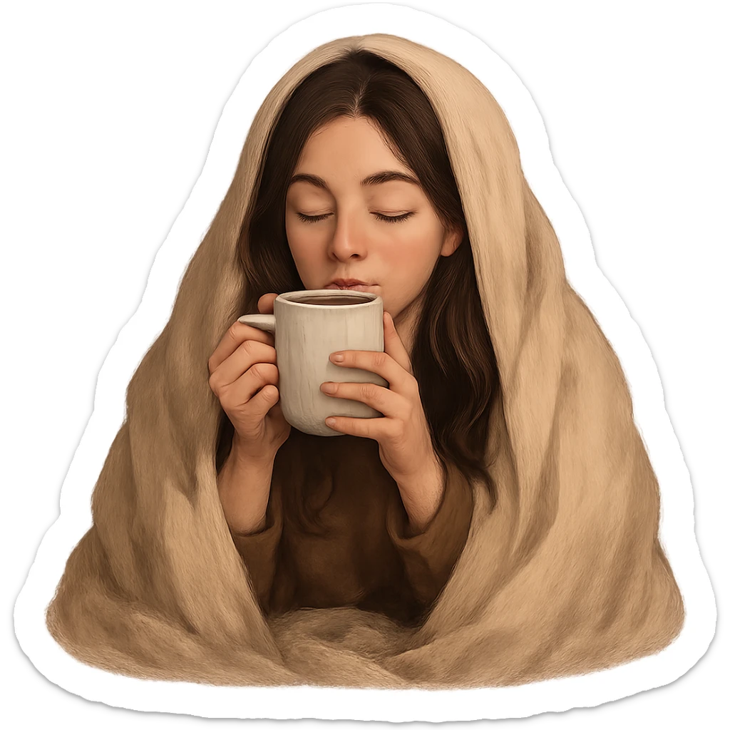 brunette girl inside a blanket sipping coffee with eyes closed, cozy and relaxed sticker