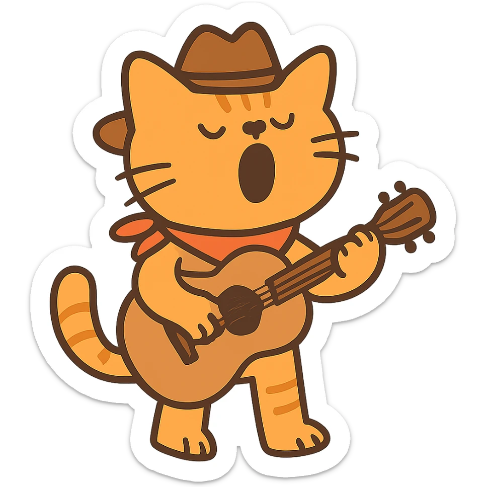 flat toon Yodeling orange cowboy cat strumming an acoustic guitar  sticker