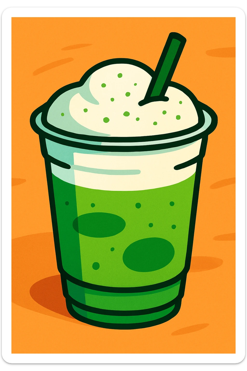 matcha drink in a clear cup with green tea and creamy foam, vibrant illustration, modern style sticker