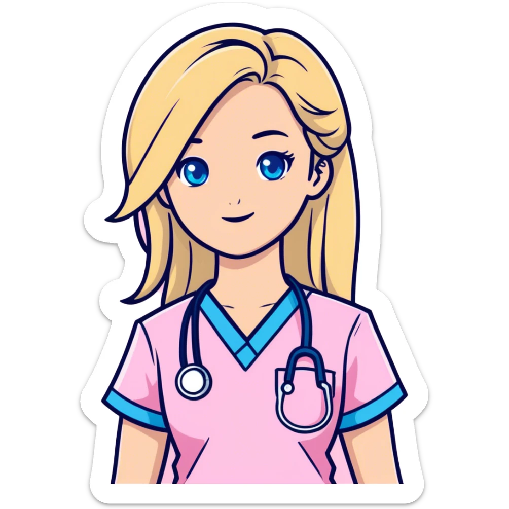 Blonde girl blue eyes long hair pink scrubs  sticker