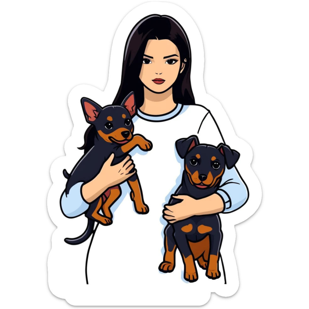 Kendall Jenner with long dark hair holds a Doberman Pinscher in her arms sticker