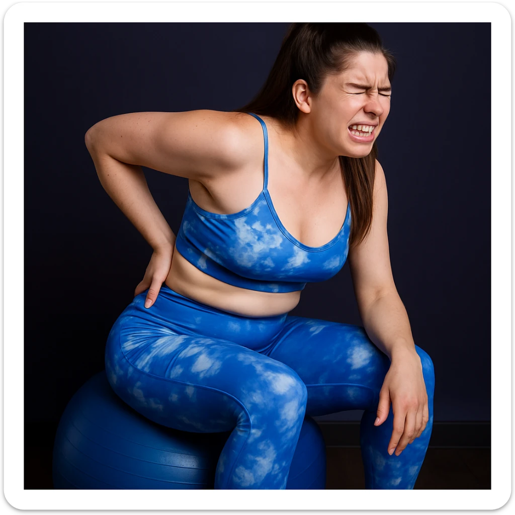 Realistic woman in 4K inspired by the reference photo, sitting on an exercise ball, trying to stretch the back but stopping due to pain, contracted face. sticker