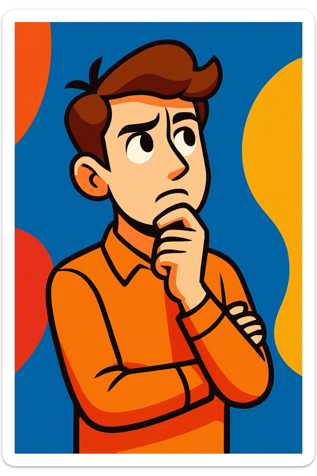 young man with brown hair and white skin, intelligent pose, thoughtful expression, colorful illustration style sticker
