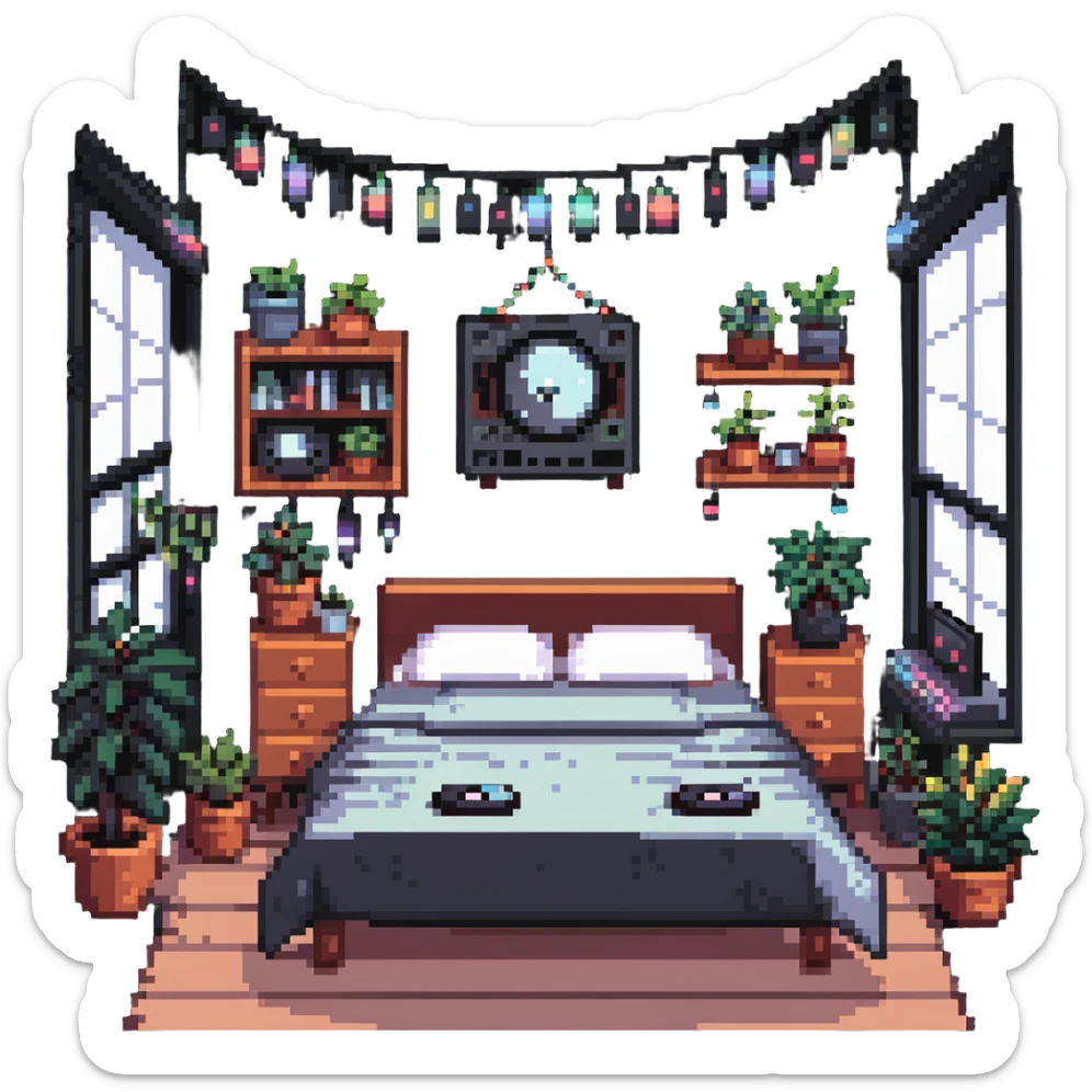 indie bedroom with fairy lights, plants and vinyl records sticker