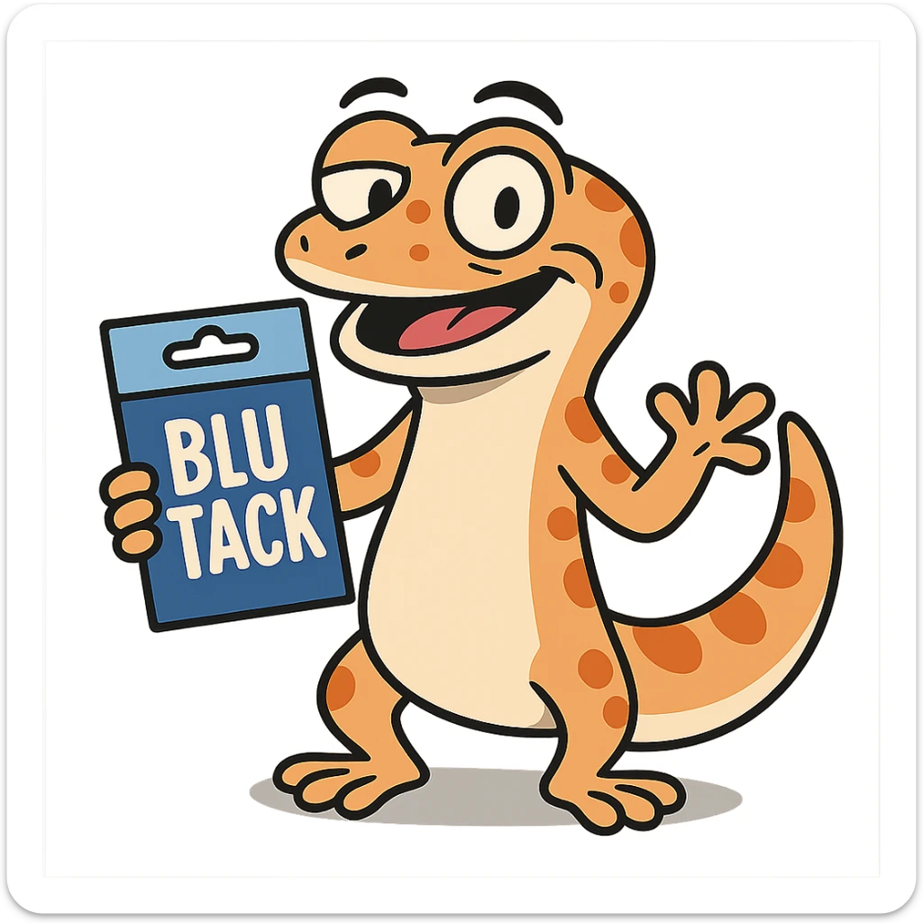 a gecko holding a pack of blu tack, cartoon style, playful sticker