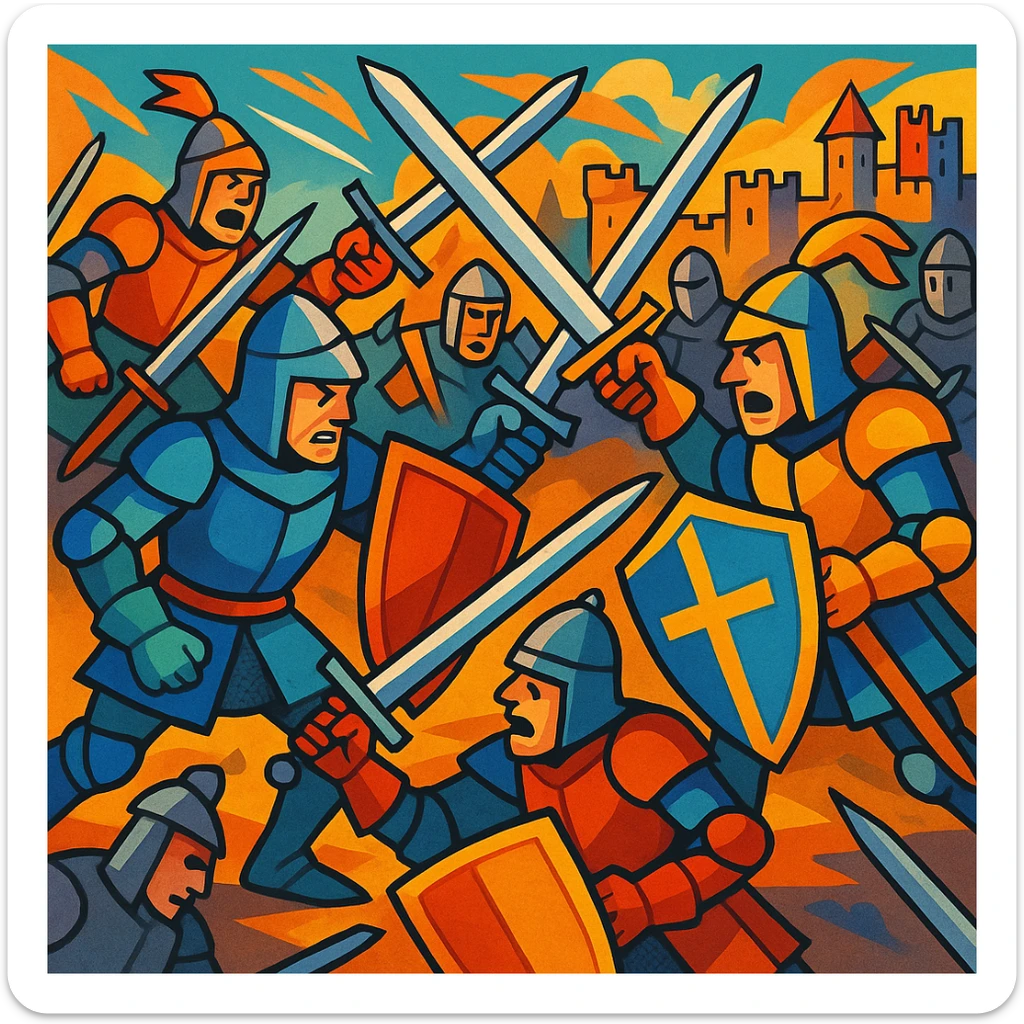 bataille médiévale, chevaliers en armure, épées et boucliers, style vibrant et détaillé sticker