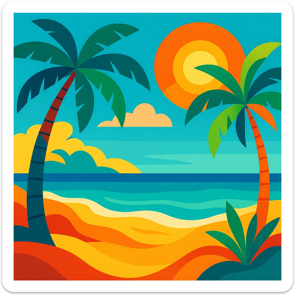 summer vibrant beach scene with palm trees sun and ocean colorful style sticker