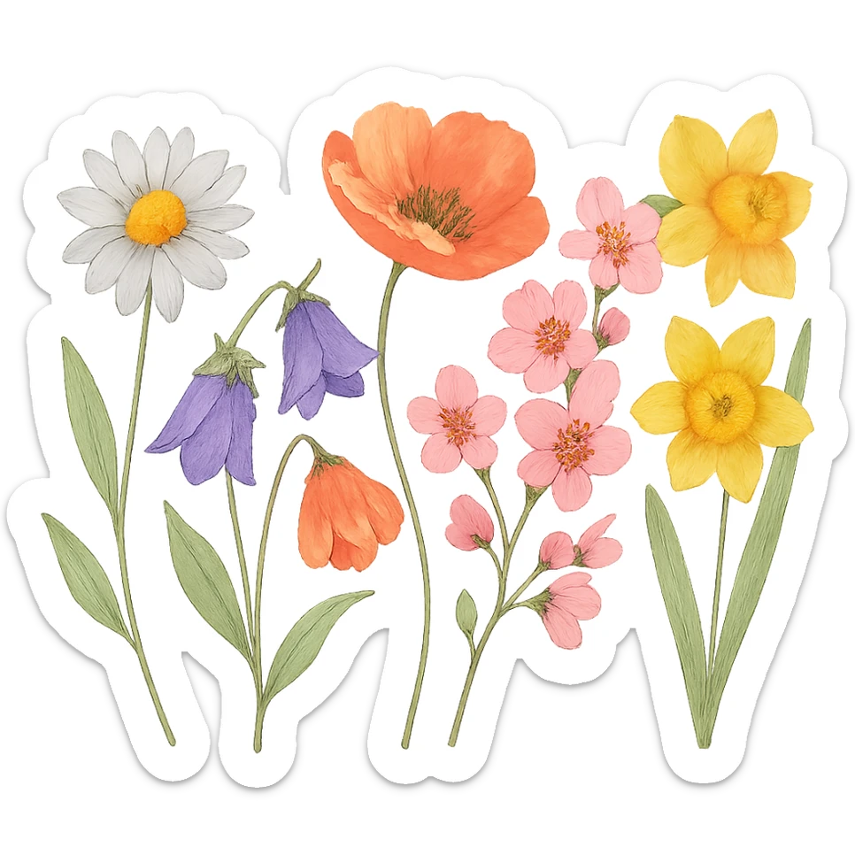 watercolor painting of springtime flowers, no background sticker