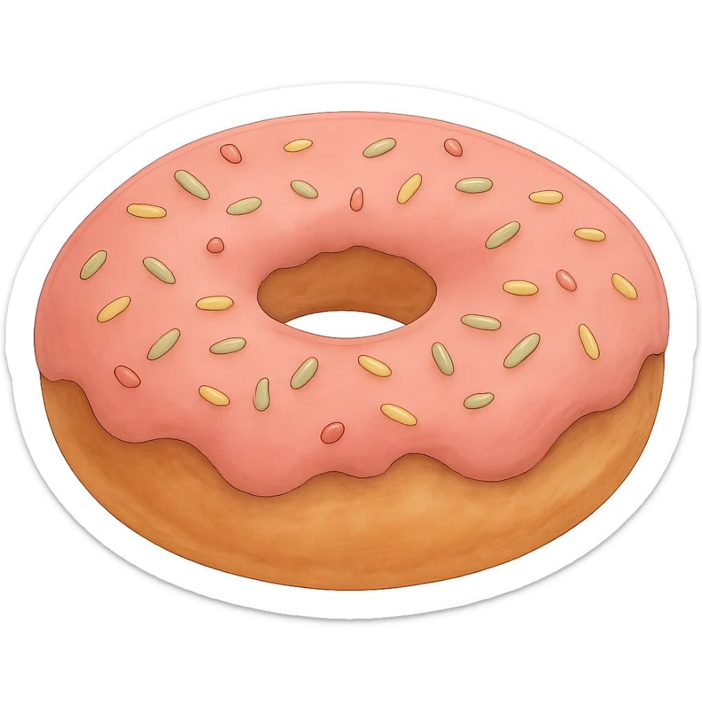 Donut with sprinkles in Ghibli style, detailed, soft red colors, with no background sticker