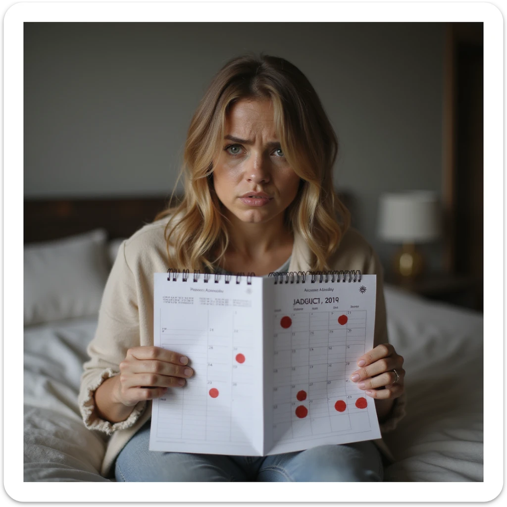 hyperrealistic 4K detailed image of a woman with hormonal imbalance, sitting on bed holding menstrual calendar, confused expression, red circles on some dates, domestic environment sticker