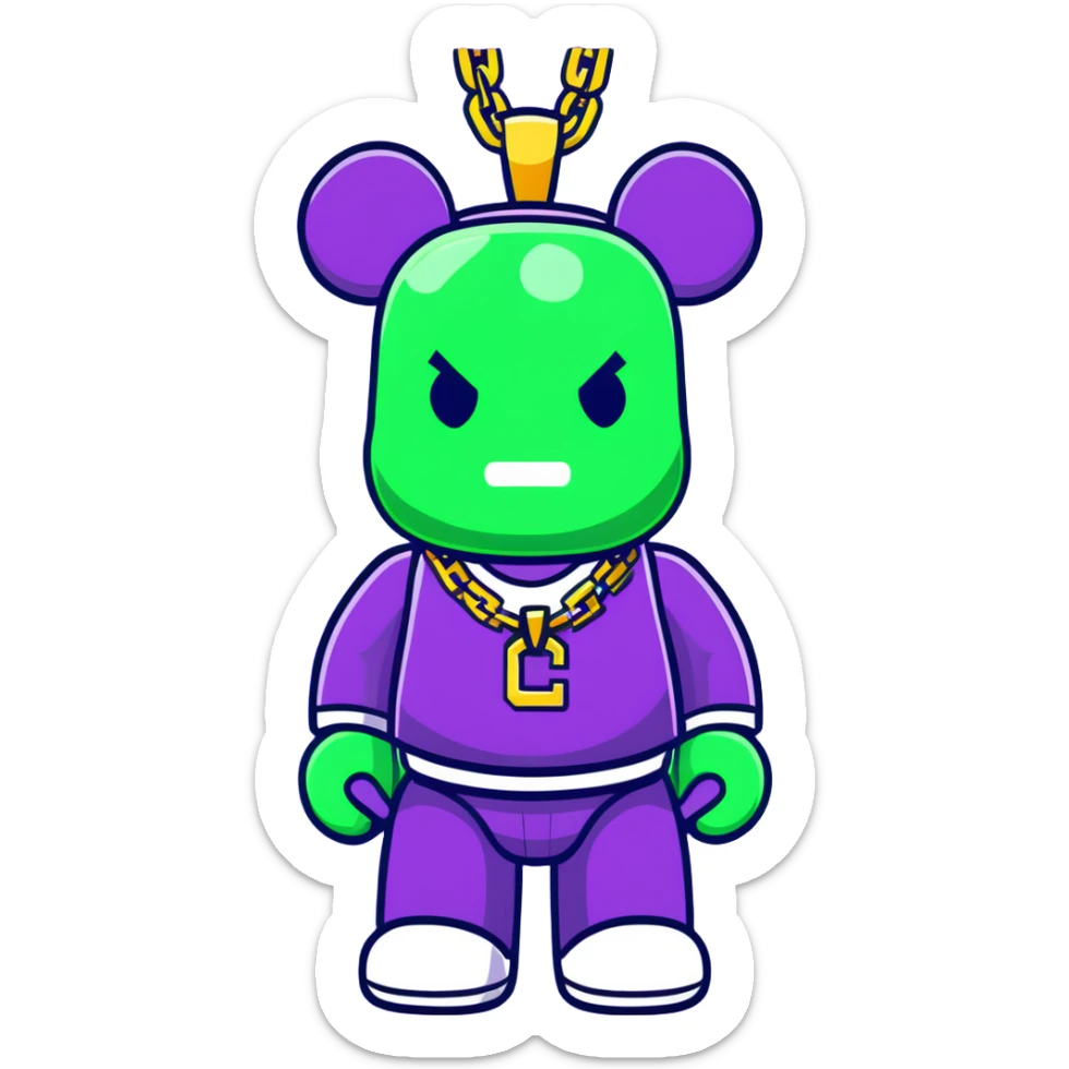 classic bearbrick figure with lime green mask covered in chaotic brand logos, wearing several large gold chains, gold pendant, rapper style accessories, expressive eyebrows sticker