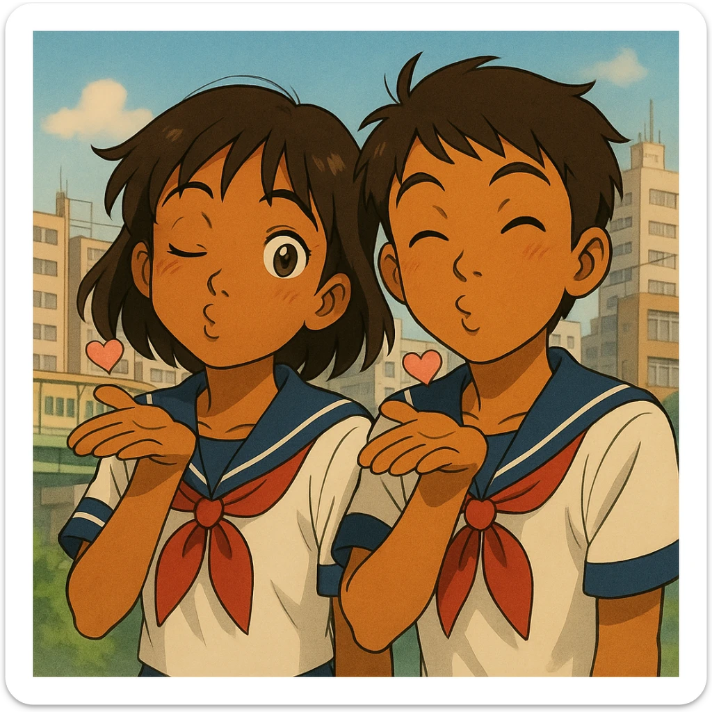 Add a friendly classmate next to the Japanese brown-skinned high school girl, both in Tokyo school uniforms, winking and blowing kisses, playful and cheeky, subtle Tokyo city background in Ghibli anime style. sticker