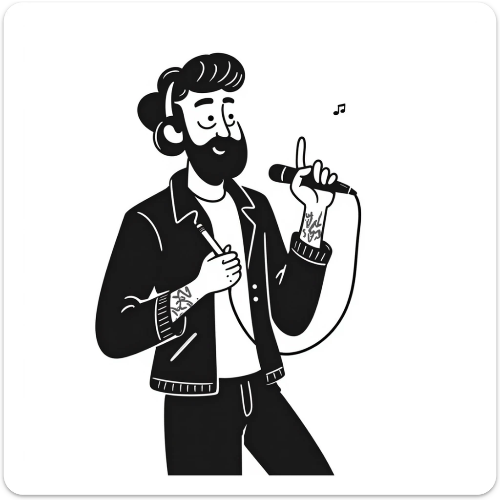 rock star with neat trimmed beard, tattooed arms, headphones resting on shoulders, happy expression, holding mic in one hand and pencil in other sticker