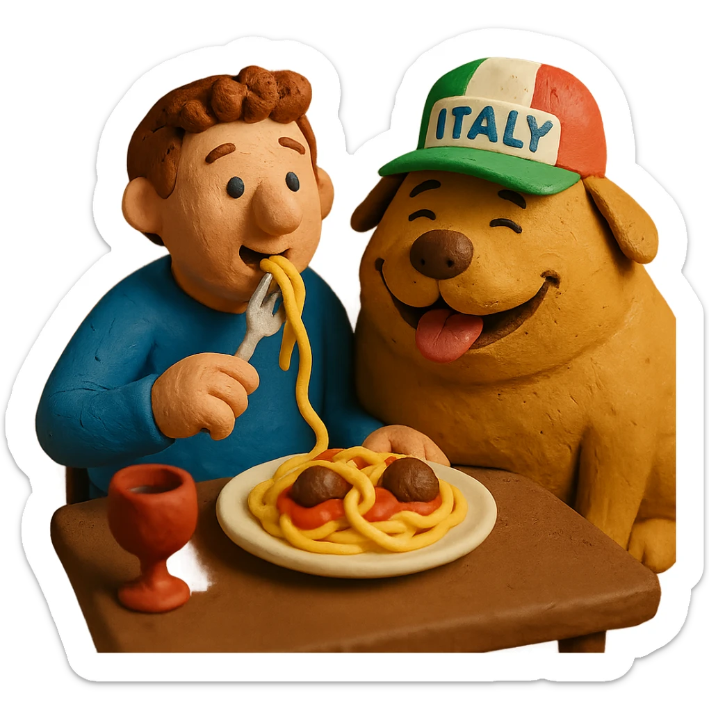 claymation style guy in Italy eating pasta with a huge, happy, fat whale of a dog wearing an Italy hat sticker