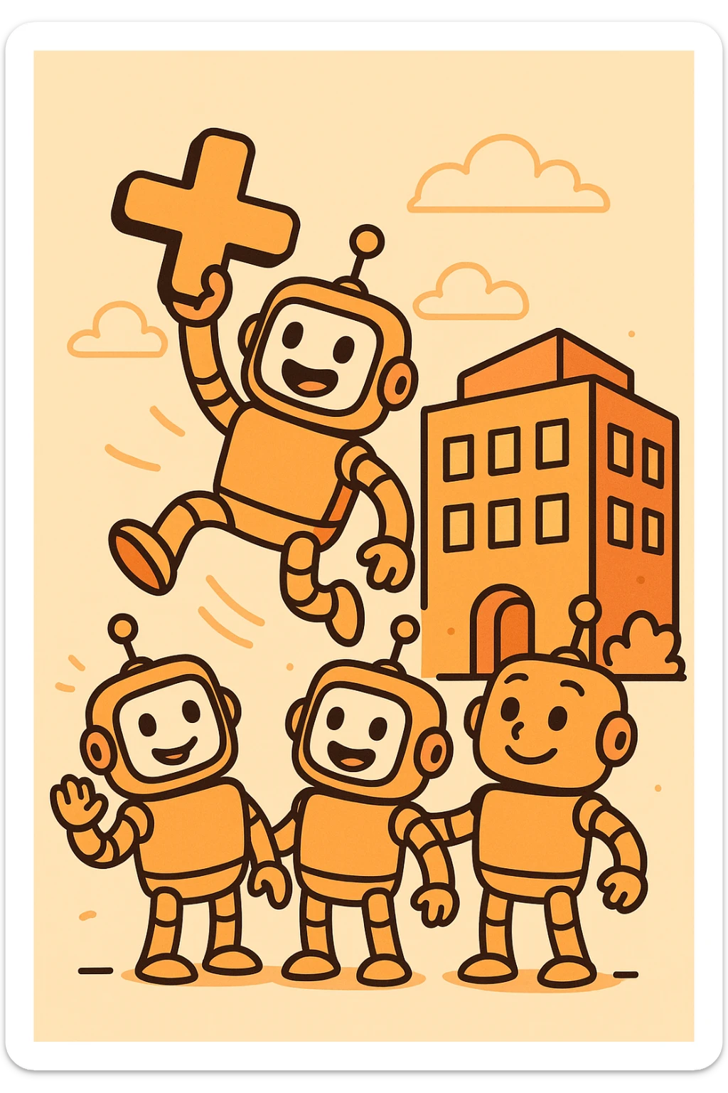playful flat icon with a group of cheerful robots, one jumping and holding a large orange plus sign, in front of a whimsical orange office building, orange-themed, fun, for a new customer organization created Slack webhook bot for a B2B SaaS LLM evaluation company sticker