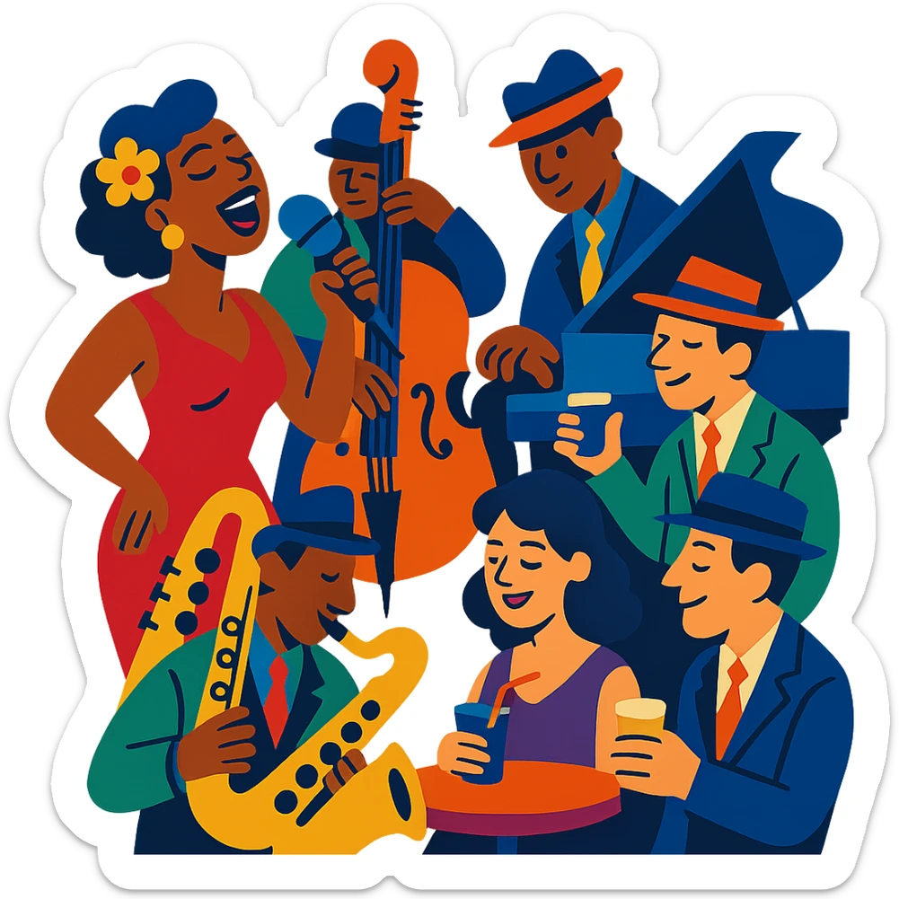 1940s jazz nightclub scene, vibrant toon style, energetic colors, no text sticker