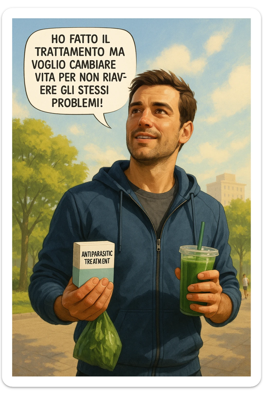 A realistic, cinematic illustration of a man in his early 30s with a determined and hopeful expression, standing outside under a bright morning sky, holding a small box labeled 'Antiparasitic Treatment' in one hand, while in the other hand he holds a fresh green smoothie or a bag of vegetables. A speech bubble near him says: ‘Ho fatto il trattamento ma voglio cambiare vita per non riavere gli stessi problemi!’ The man is wearing casual but clean and sporty clothing, symbolizing a fresh start, with the background showing a city park with green trees, morning light, and people jogging, indicating a healthy lifestyle. The atmosphere is bright, uplifting, and motivating, clearly illustrating the transition from treatment to lifestyle change to prevent future health issues. The style is realistic with warm tones, showing positive energy and commitment to change in italiano sticker