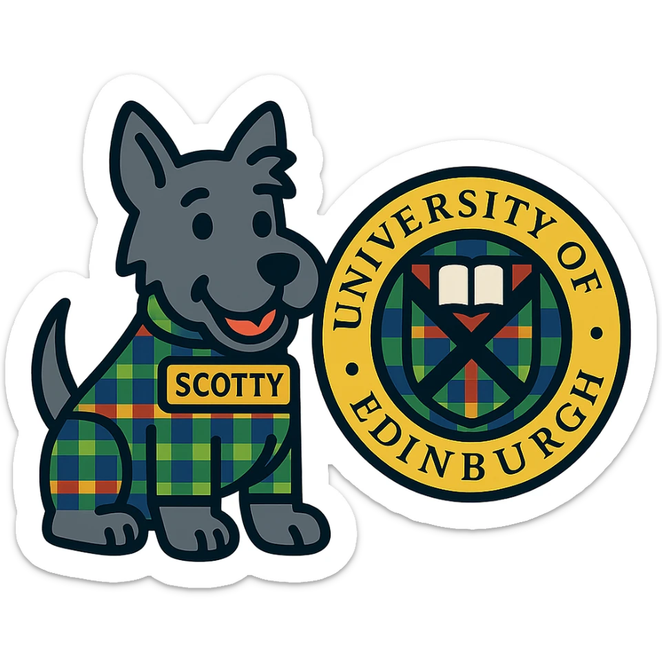 Change the tartan colorway for Scotty and the school seal together to a different tartan pattern, maintain a harmonious composition and modern icon style, no background. sticker