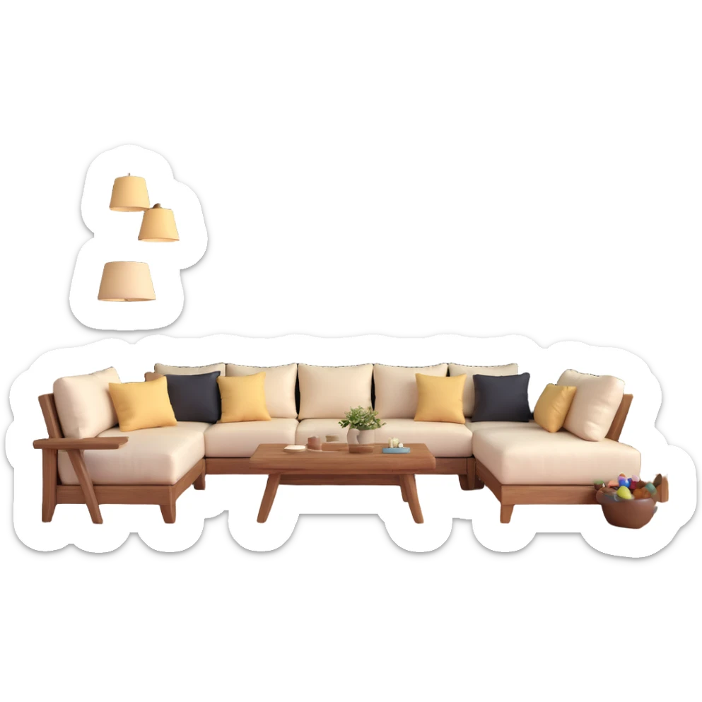 large open concept room with cream walls, wooden floor, cute decorative pillows, wooden furniture sticker