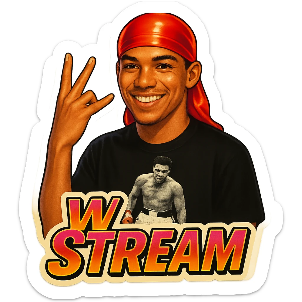 Make him Smiling 
W Finger signal
Change His durag To Red
Add the words W Stream sticker