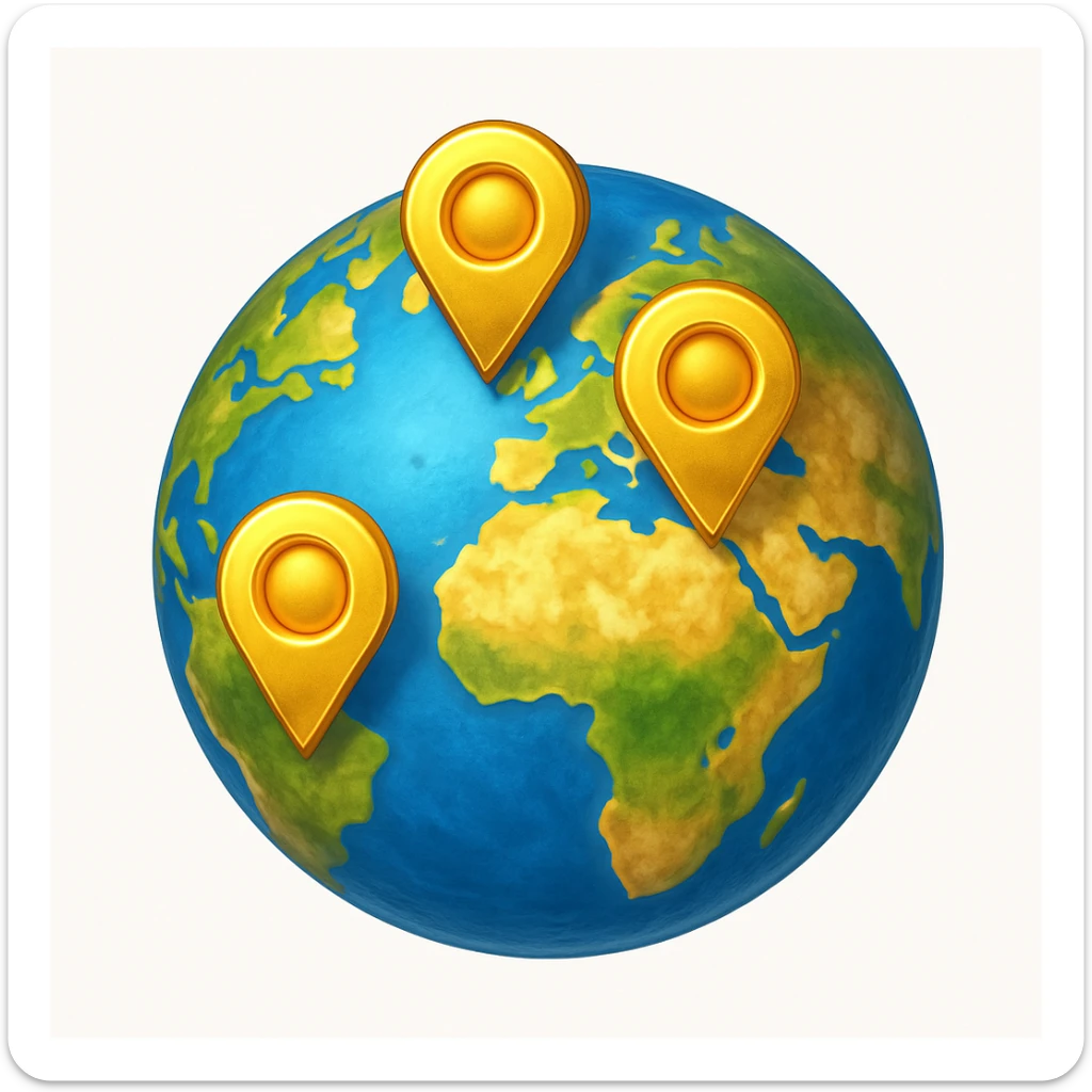 Сгенерируй мне планету на которой стоят геометки, они как будто из золота. В стиле детализированного емодзи, на белом фоне. sticker