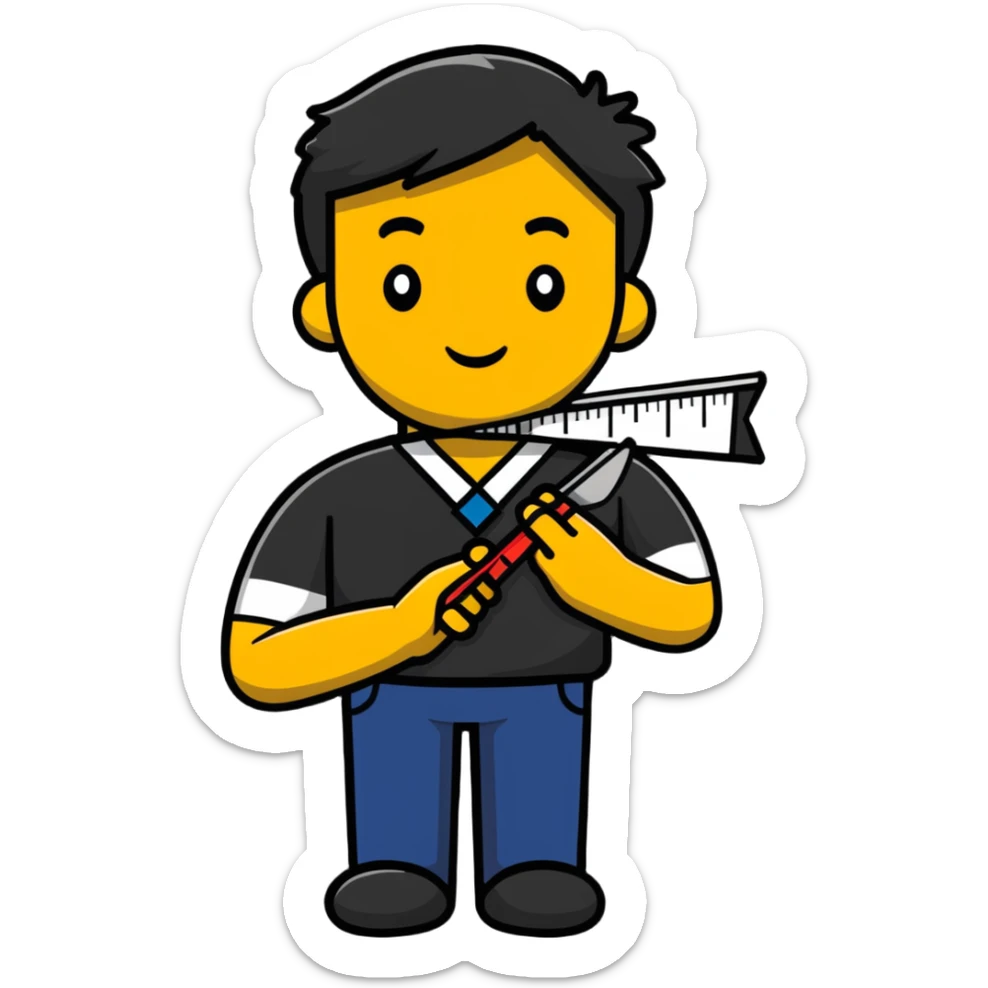 a man holding scissors in his hands and a tape measure hanging around his neck sticker